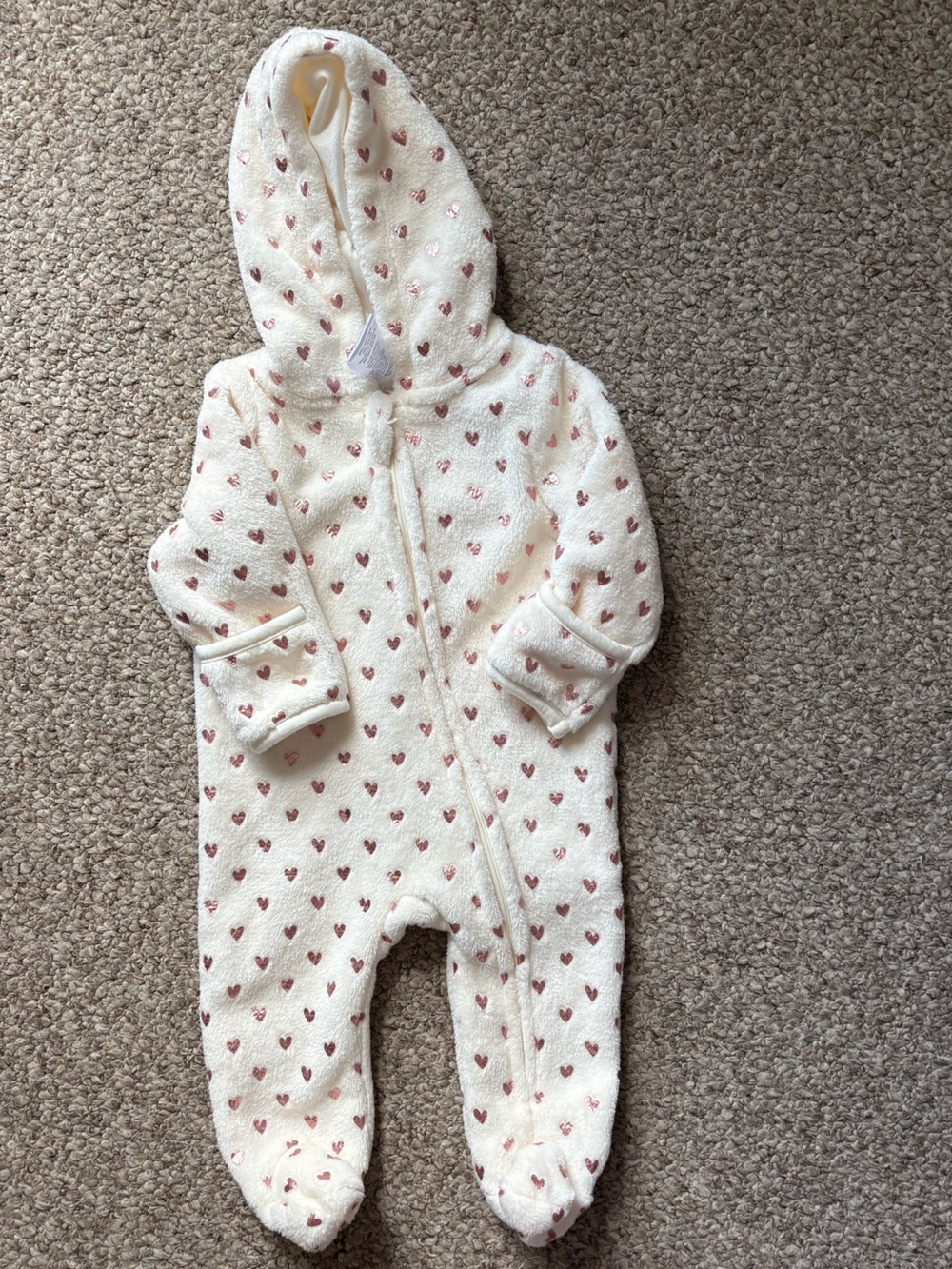 Cream Hooded Baby Pajamas with Pink Heart Print